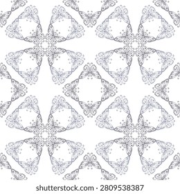 Seamless pattern with openwork butterflies arranged within criss cross shapes in diagonal square geometric grid. Thin outline illustrations on transparent background. Line art.