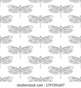 Seamless pattern with openwork dragonflies. Vector illustration. Isolated colorful elements on a white background. Creative idea for designs backdrops, cards, textiles, prints, packings, wallpapers.