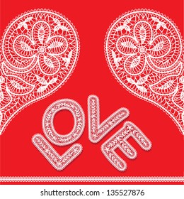 seamless pattern of openwork lace white heart  and word love on a red background