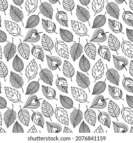 Seamless pattern of openwork leaves with hearts in doodle style