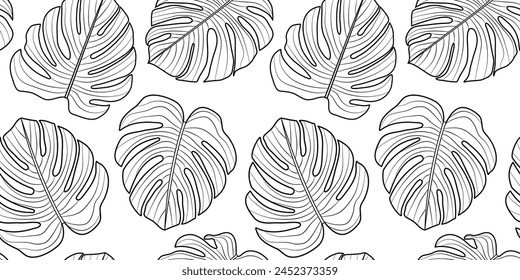 Seamless pattern of openwork monstera leaves.