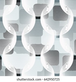 Seamless pattern. Openwork translucent sphere. Rounded squares. The background image for women and children. White, gray-blue, dark gray.