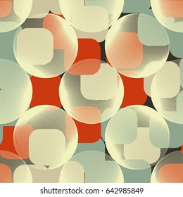 Seamless pattern. Openwork translucent sphere. The rounded chaotic squares. The background image for women and children. Red-orange-brown, yellow, gray-green, dark gray.