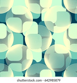 Seamless pattern. Openwork translucent sphere. The rounded chaotic squares. The background image for women and children. Light yellow, blue-green tones.