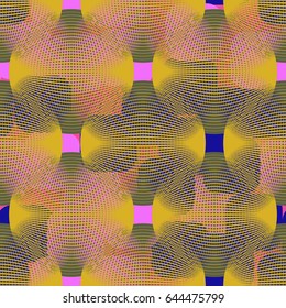 Seamless pattern. Openwork translucent sphere. The rounded chaotic squares. The background image. Pink, blue, khaki tones,  red-pink.