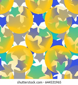 Seamless pattern. Openwork translucent sphere. Five-pointed star. The background image for women and children. Blue. yellow, gray, white, green-blue.