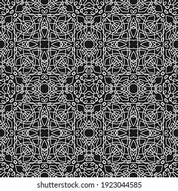 Seamless pattern with openwork white contour ornament on a black background. Vector illustration