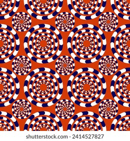 Seamless pattern with optical illusion effect. Rotating shimmering circles with high contrast. Vector illustration