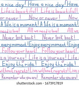 Seamless pattern with optimistic phrases on white sheet of lined paper