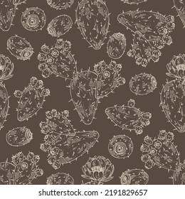 Seamless pattern with opuntia ficus-indica: indian prickly pear plant, fruits and indian prickly pear flowers. Opuntia ficus-indica. Cosmetic, perfumery and medical plant. Vector hand