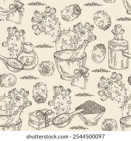 Seamless pattern with opuntia ficus-indica: indian prickly pear plant, fruits and indian prickly pear flowers. Opuntia ficus-indica. Oil, soap and bath salt . Cosmetics and medical plant. Vector hand 