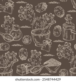 Seamless pattern with  opuntia ficus-indica: indian prickly pear plant, fruits and indian prickly pear flowers. Opuntia ficus-indica. Oil, soap and bath salt . Cosmetics and medical plant. Vector