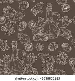 Seamless pattern with opuntia ficus-indica: indian prickly pear plant, fruits, indian prickly pear flowers and bottle of opuntia oil. Opuntia ficus-indica. Vector hand drawn illustration.