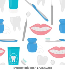 Seamless pattern oral cavity treatment brushing teeth toothpaste toothbrush dental floss vector illustration