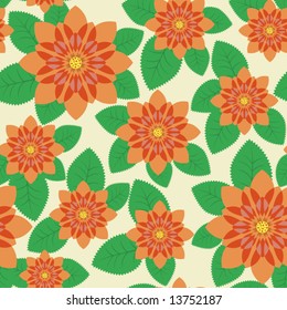 Seamless pattern with orange abstract flowers and green leaves(can be repeated and scaled in any size)