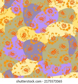 Seamless pattern with orange abstract flowers and background of multicolor free shape spots. Hand drawn illustration. Vector print for female fabric, summer screen printing, cover, wallpaper.