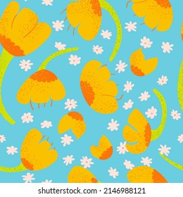 Seamless pattern with orange abstract textured flowers. Vector spring blossom background 
