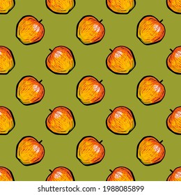 Seamless pattern. Orange apples on a mustard background. A rare polka dot pattern. Apples is a realistic sketch.