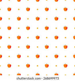 Seamless pattern. Orange apples, polka dot background. Also for printing on paper and fabric. 
