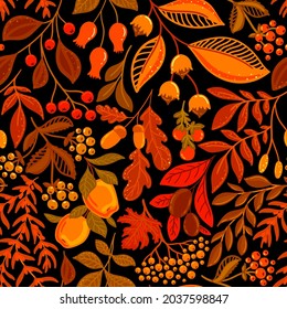 Seamless pattern with orange autumn berries and fruits on a black background in vector