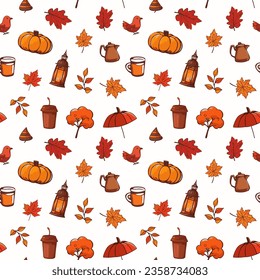 Seamless pattern orange autumn. Hello, Fall. Pumpkins, leaves, nuts, birds, cup, teapot, red umbrella. Vector on white. Bright background Autumn card Print for textiles clothing stationery