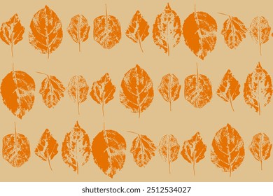 seamless pattern of orange autumn leaves arranged in rows against a beige background, textured, hand printed look. Ideal for seasonal designs, wallpapers, fabric prints, or  for autumn poster, banner