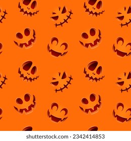 Seamless pattern with orange background and carved pumpkin faces.