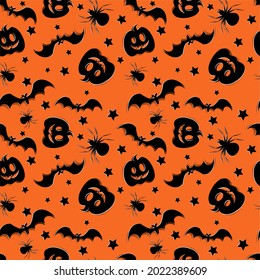 Seamless pattern with orange background. Halloween pumpkin and bat. Vector illustration