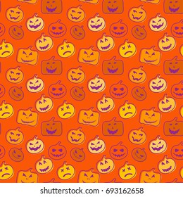 Seamless pattern orange background with halloween festive, endless pumpkins carved. Vector illustration