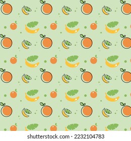 Seamless pattern with orange and banana fresh fruit. Healthy vitamin nutrition wallpaper on a green background. Outline color vector illustration