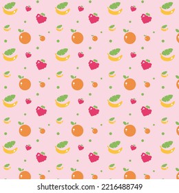 Seamless pattern with orange, banana, and raspberry fresh fruit. Healthy nutrition wallpaper on pink background. Outline color vector illustration