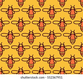 Seamless pattern with orange bees in Monoline style. For the packaging of creams, cosmetics, food, bee venom to treat. Wrap bee products, fashion textile, covers smartphones on honey bee, apitherapy.