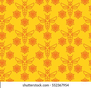 Seamless pattern with orange bees in Monoline style. For the packaging of creams, cosmetics, food, bee venom to treat. Wrap bee products, fashion textile, covers smartphones on honey bee, apitherapy.