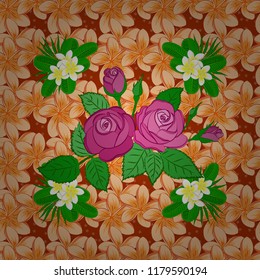 Seamless pattern with orange, beige and green rose flowers, vector floral illustration in vintage style.