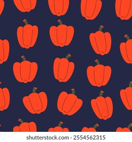 Seamless pattern of orange bell peppers on blue background. Simple vector design for textiles, wallpapers, and prints.