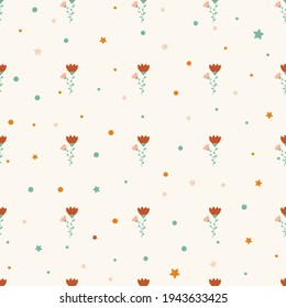 Patrón sin foco con campanas anaranjadas y círculos sobre un fondo claro. En verano, el patrón minimalista con flores. Patrón de papel de embalaje, papel, textiles, antecedentes, sitios web.