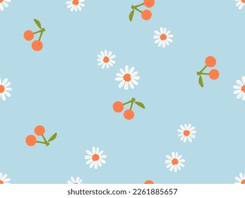 Seamless pattern with orange berries, green leaves on blue background vector illustration.