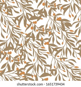 Seamless pattern with orange berries and leaves. Fall colorful floral background. Elegant floral seamless pattern. Template for fabric, textile, packaging paper, wallpaper. Vector illustration.