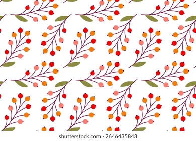 Seamless pattern with orange berries and twigs in autumn colors, ideal for seasonal backgrounds, fabric and wrapping paper