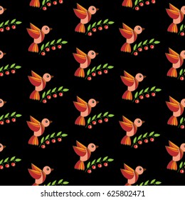 Seamless pattern with orange birds and berry with green leaf. Vector seamless with isolated bird.