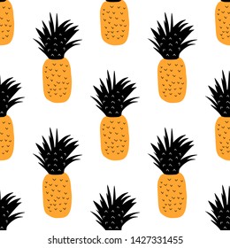 Seamless Pattern orange black pineapple on white background. Vector.