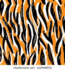 Seamless pattern orange black white tiger fur design, abstract simple lines scandinavian style background grunge texture. trend of the season. Can be used for Gift wrap fabrics, wallpapers. Vector