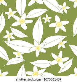 Seamless pattern of orange blossom flowers outlines on green background