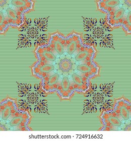 Seamless pattern in orange and blue colors. Oriental ornament for textile print, printing or fabric. Islamic vector design.