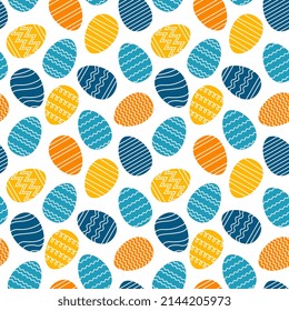 Seamless pattern of orange and blue Easter eggs on white background. Painted eggs with stripes, waves, zigzags. Spring holiday background. Vector Illustration