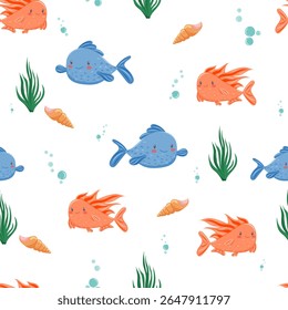 Seamless pattern with orange and blue fish