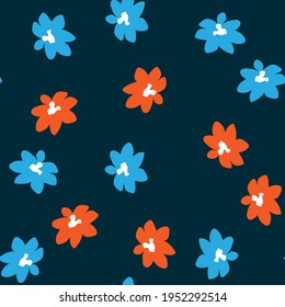 Patrón sin foco con flores naranjas y azules sobre fondo oscuro. Ilustración del vector