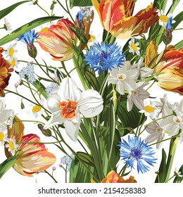 Seamless pattern with orange blue flowers, tulips, comomile, daffodils on a white background. Hand drawn sketch. Template for floral textile design, paper, wallpaper, web.