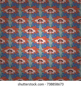 Seamless pattern with orange, blue and pink flowers and leaves, abstract floral pattern. Tileable vector pattern for wallpaper, cards or fabric.