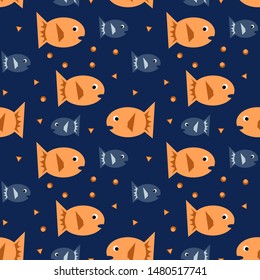 Seamless pattern with orange and blue pisces on dark background. Vector illustration.